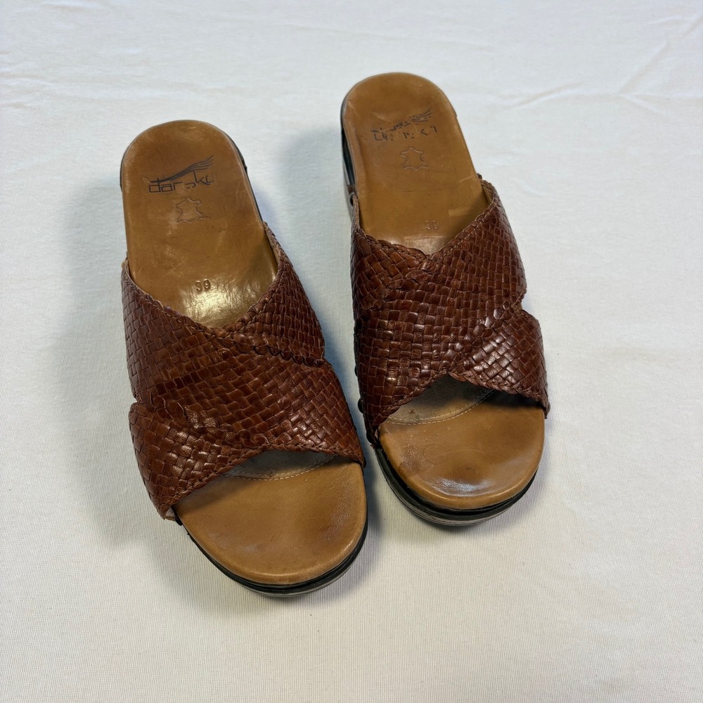 Dansko, Woven Leather Slide Sandals, Brown, Size 39, MSRP $135